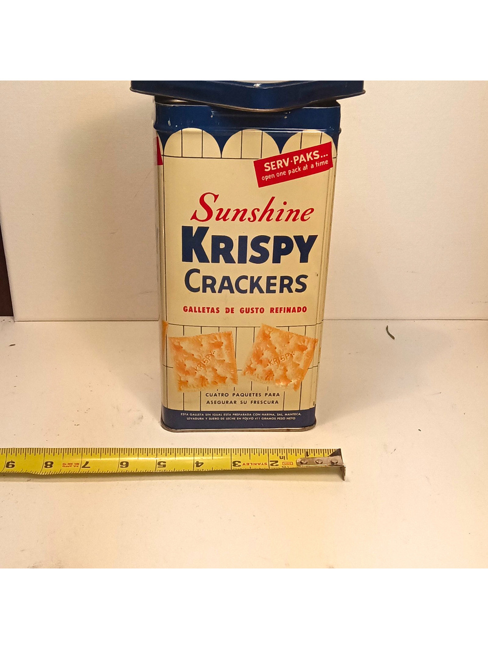 Vintage Sunshine Krispy Crackers Tin Bilingual English Spanish Saltine Box 9"